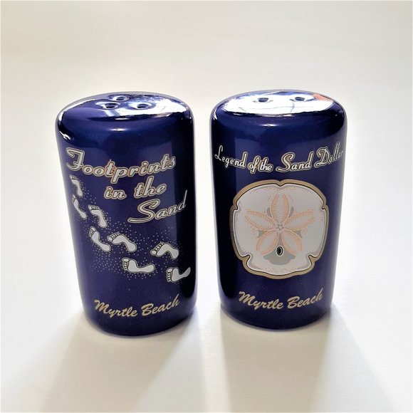 Vintage Salt & Pepper Shakers, Cobalt Blue, Footprints in the Sand Mrytle Beach - Picture 1 of 4